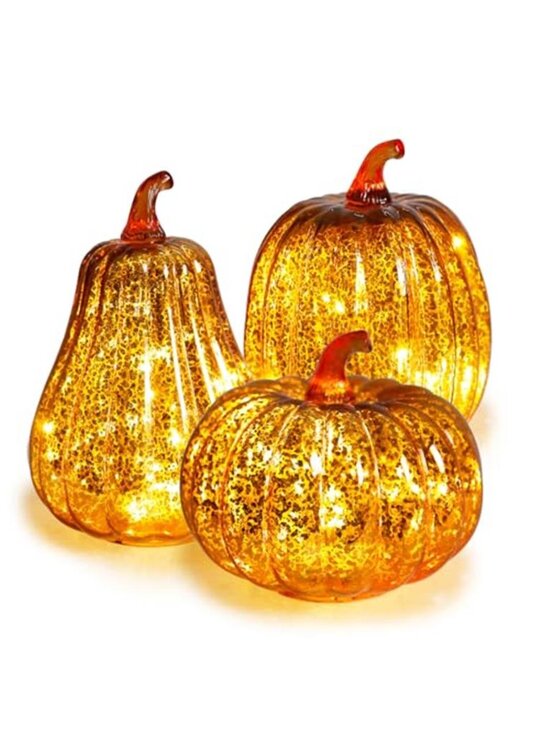 Other - 3 Pcs Mercury Glass Pumpkin Lights with Timer Pumpkins Lamps Tabletop Decor